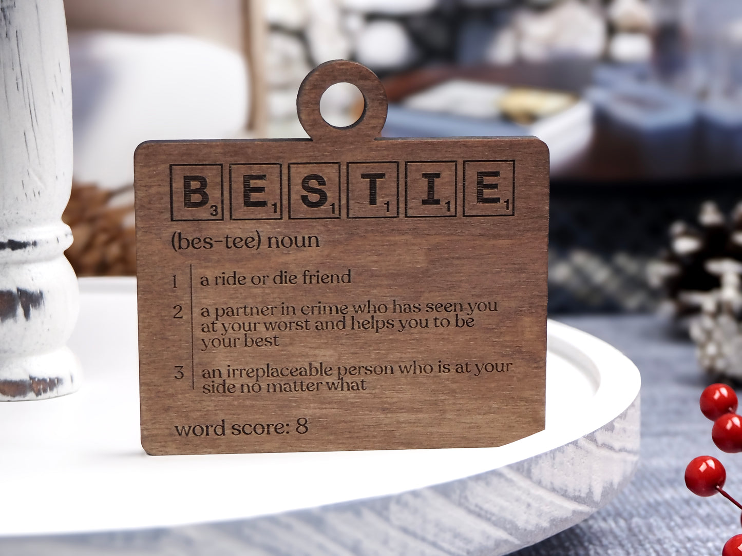 Handcrafted wooden Definition Word Tile Ornaments featuring letter tile motifs and heartfelt definitions for family members and loved ones, perfect for holiday décor.