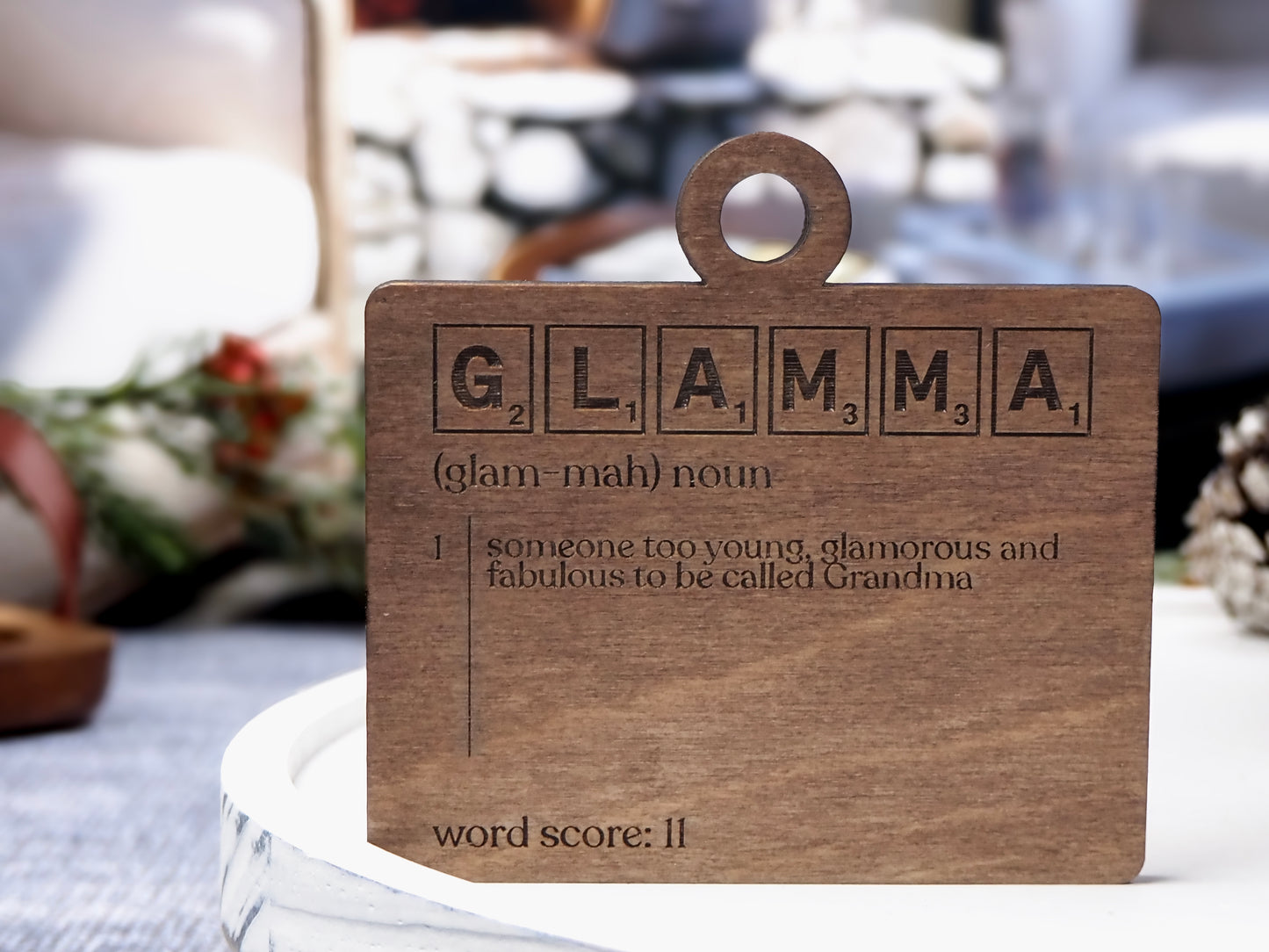 Handcrafted wooden Definition Word Tile Ornaments featuring letter tile motifs and heartfelt definitions for family members and loved ones, perfect for holiday décor.