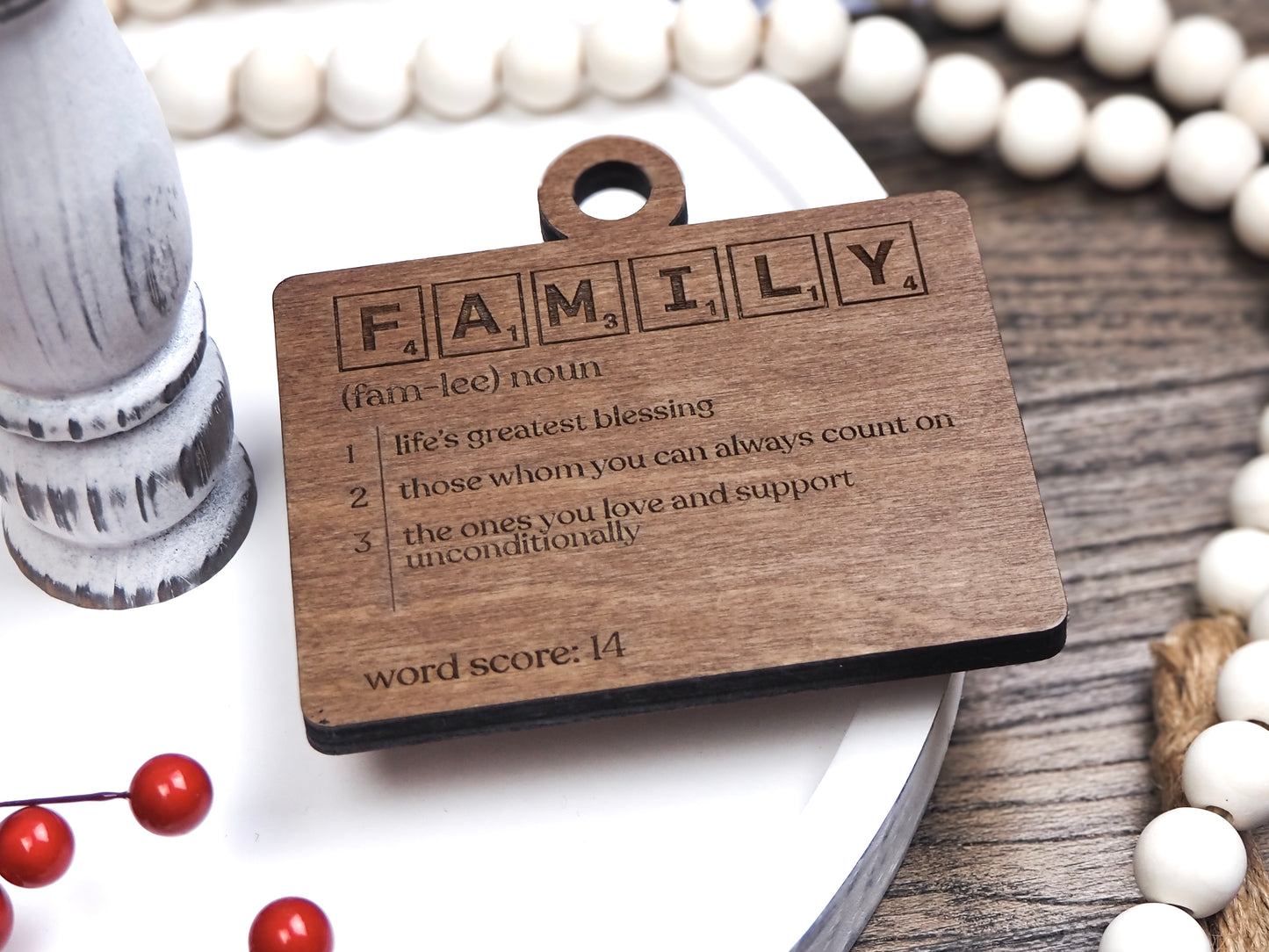 Handcrafted wooden Definition Word Tile Ornaments featuring letter tile motifs and heartfelt definitions for family members and loved ones, perfect for holiday décor.