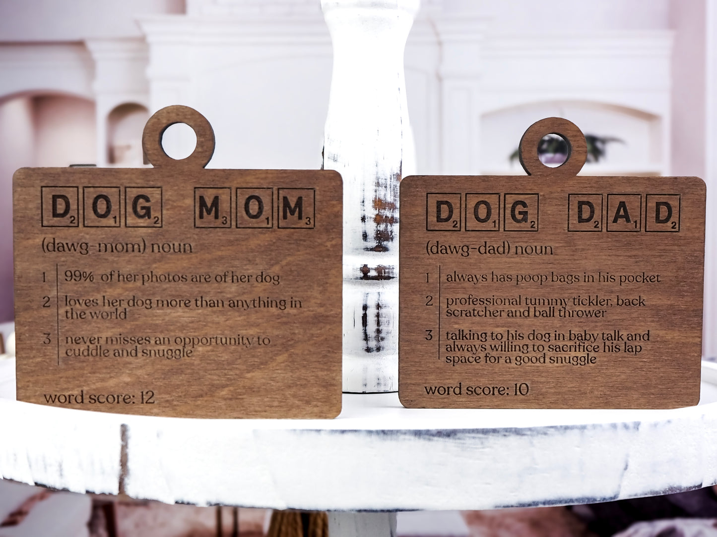 Handcrafted wooden Definition Word Tile Ornaments featuring letter tile motifs and heartfelt definitions for family members and loved ones, perfect for holiday décor.