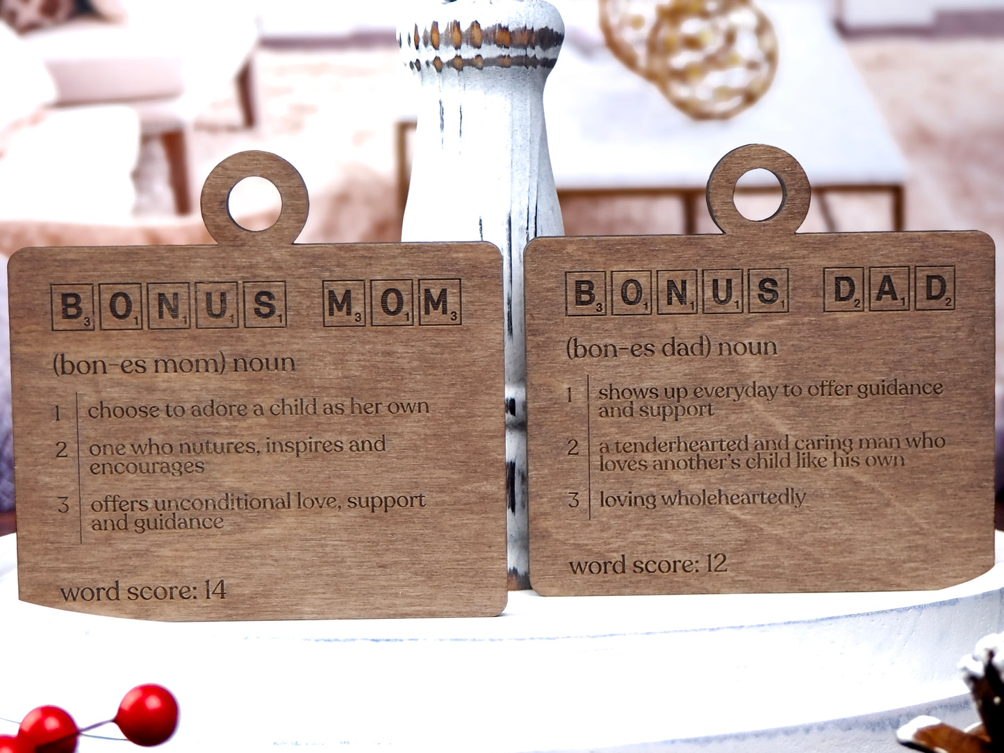 Handcrafted wooden Definition Word Tile Ornaments featuring letter tile motifs and heartfelt definitions for family members and loved ones, perfect for holiday décor.