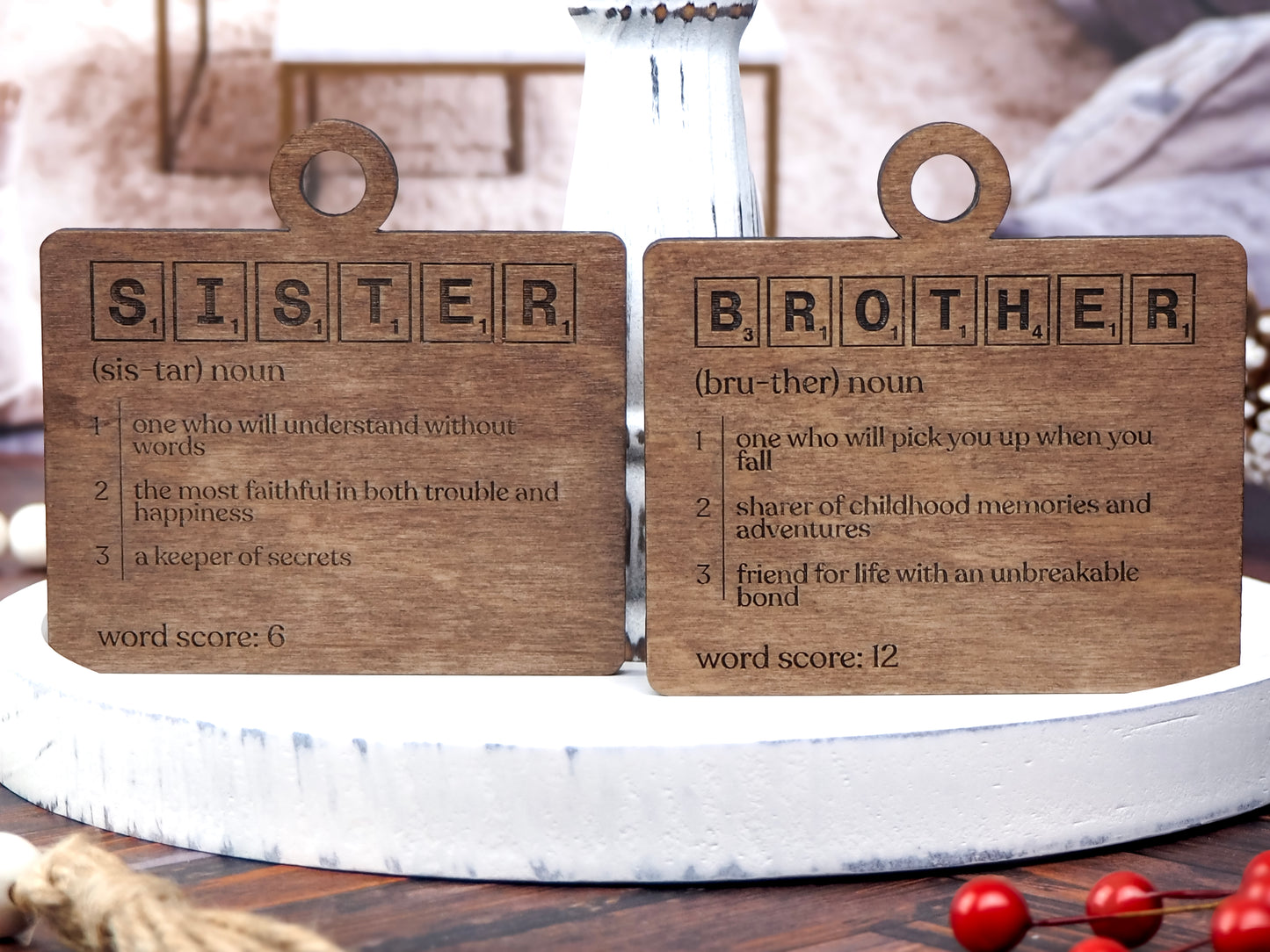 Handcrafted wooden Definition Word Tile Ornaments featuring letter tile motifs and heartfelt definitions for family members and loved ones, perfect for holiday décor.