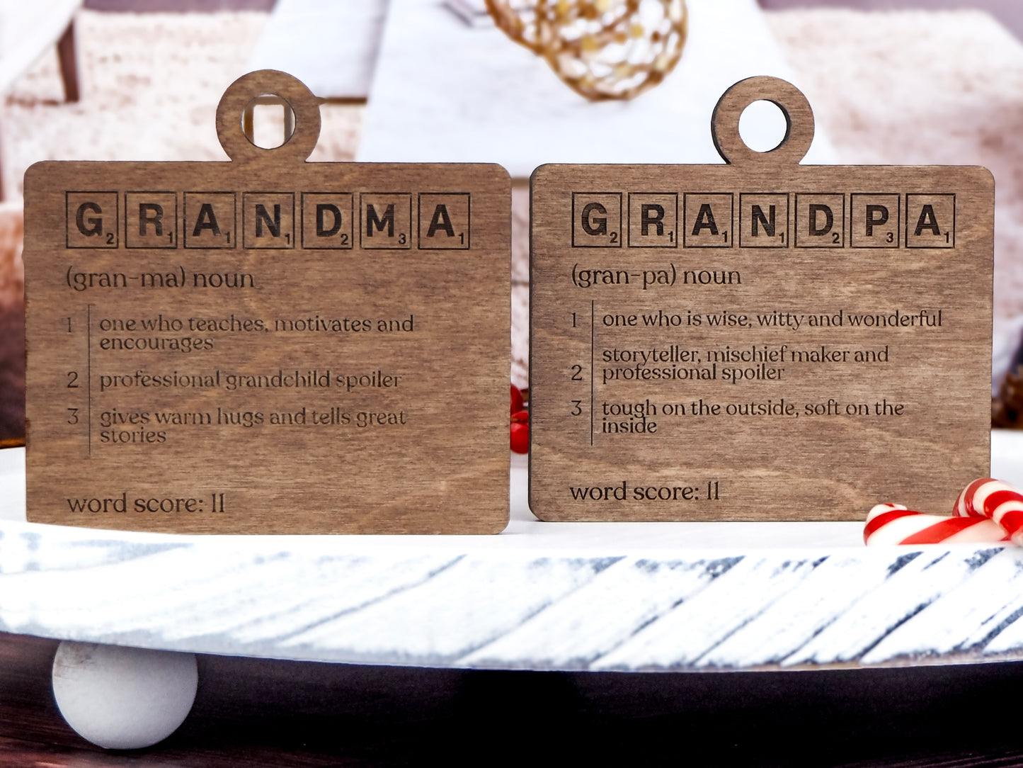 Handcrafted wooden Definition Word Tile Ornaments featuring letter tile motifs and heartfelt definitions for family members and loved ones, perfect for holiday décor.