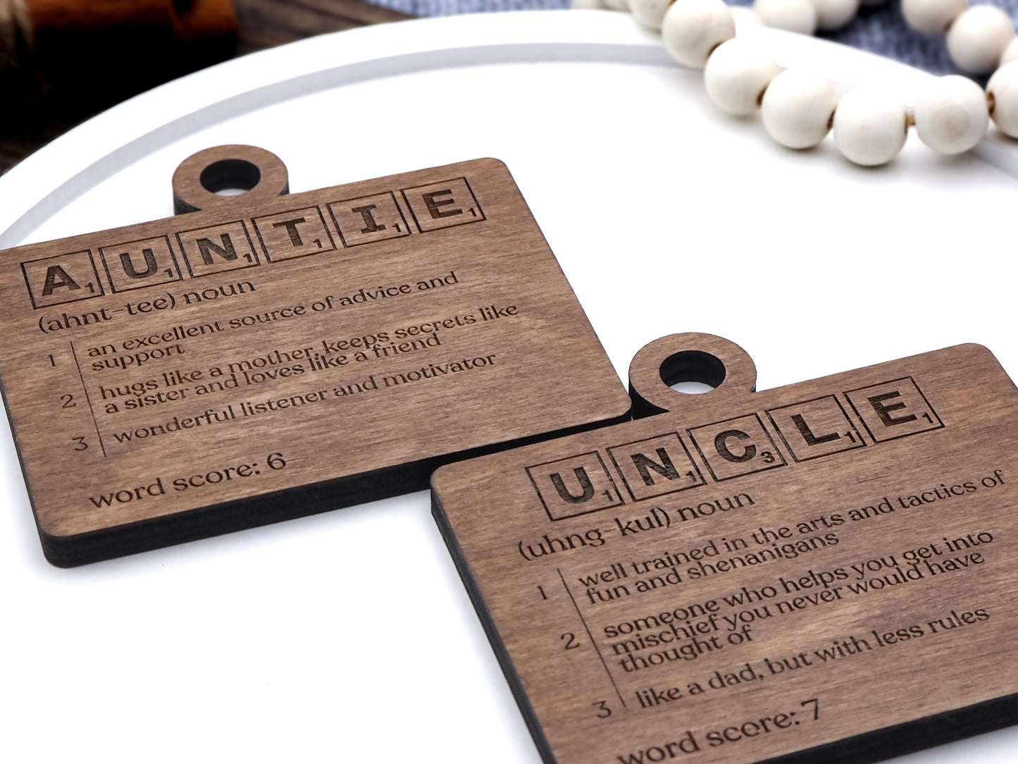 Handcrafted wooden Definition Word Tile Ornaments featuring letter tile motifs and heartfelt definitions for family members and loved ones, perfect for holiday décor.