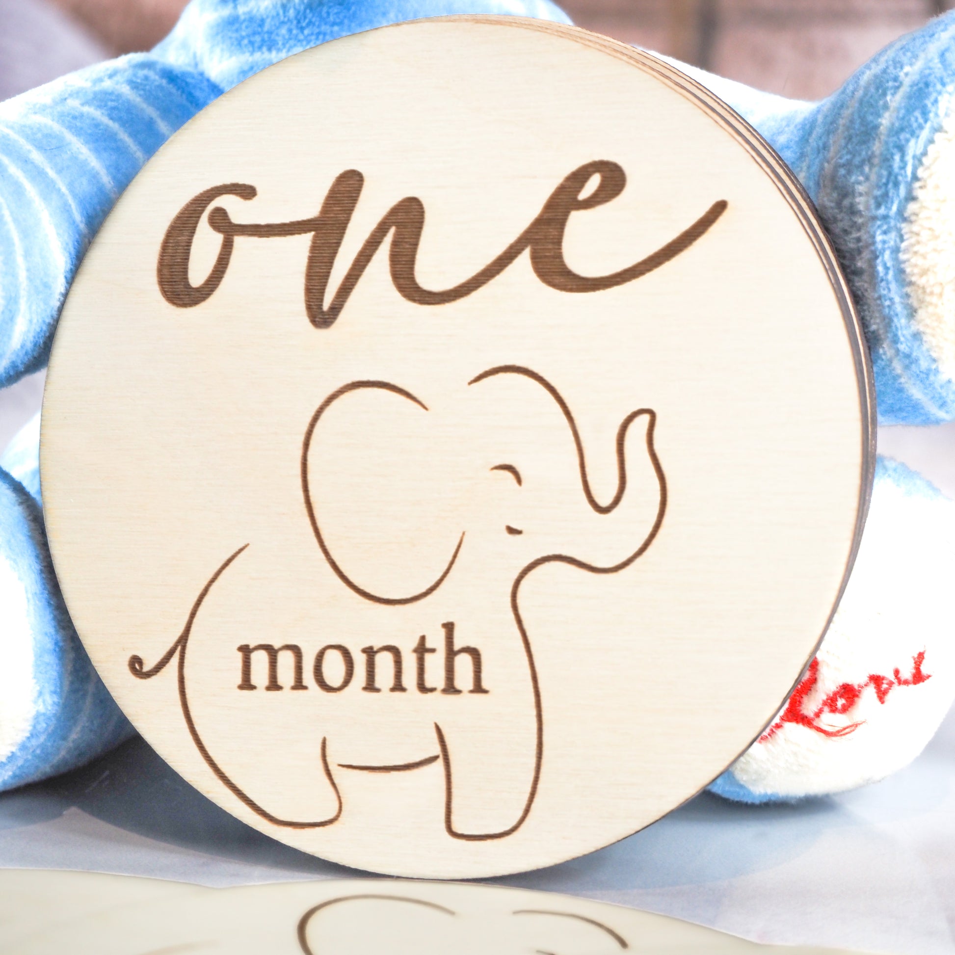 Close-up of a wooden milestone disc engraved with "one month" and a simple baby elephant illustration, held in front of a blue stuffed animal.