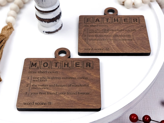 Handcrafted wooden Definition Word Tile Ornaments featuring letter tile motifs and heartfelt definitions for family members and loved ones, perfect for holiday décor.