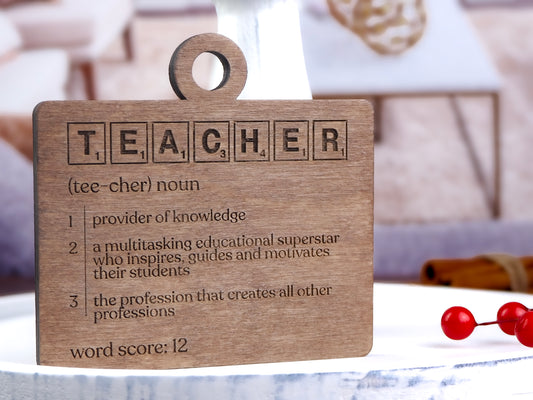 Handcrafted wooden Teacher Definition Word Tile Ornament featuring letter tile motifs and a heartfelt definition, perfect for holiday décor and teacher gifts.