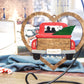 Handcrafted wooden "From Our First Kiss to Our Last Breath" ornament featuring a vintage red truck with a Christmas tree, framed in a heart, perfect for holiday décor and a romantic gift.