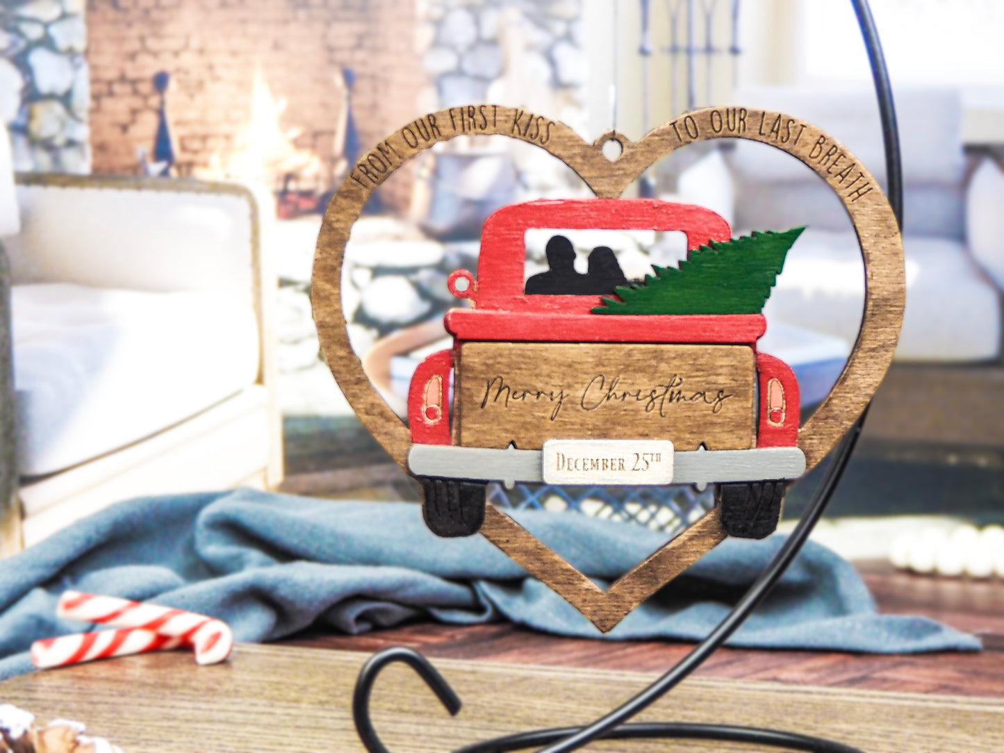 Handcrafted wooden "From Our First Kiss to Our Last Breath" ornament featuring a vintage red truck with a Christmas tree, framed in a heart, perfect for holiday décor and a romantic gift.