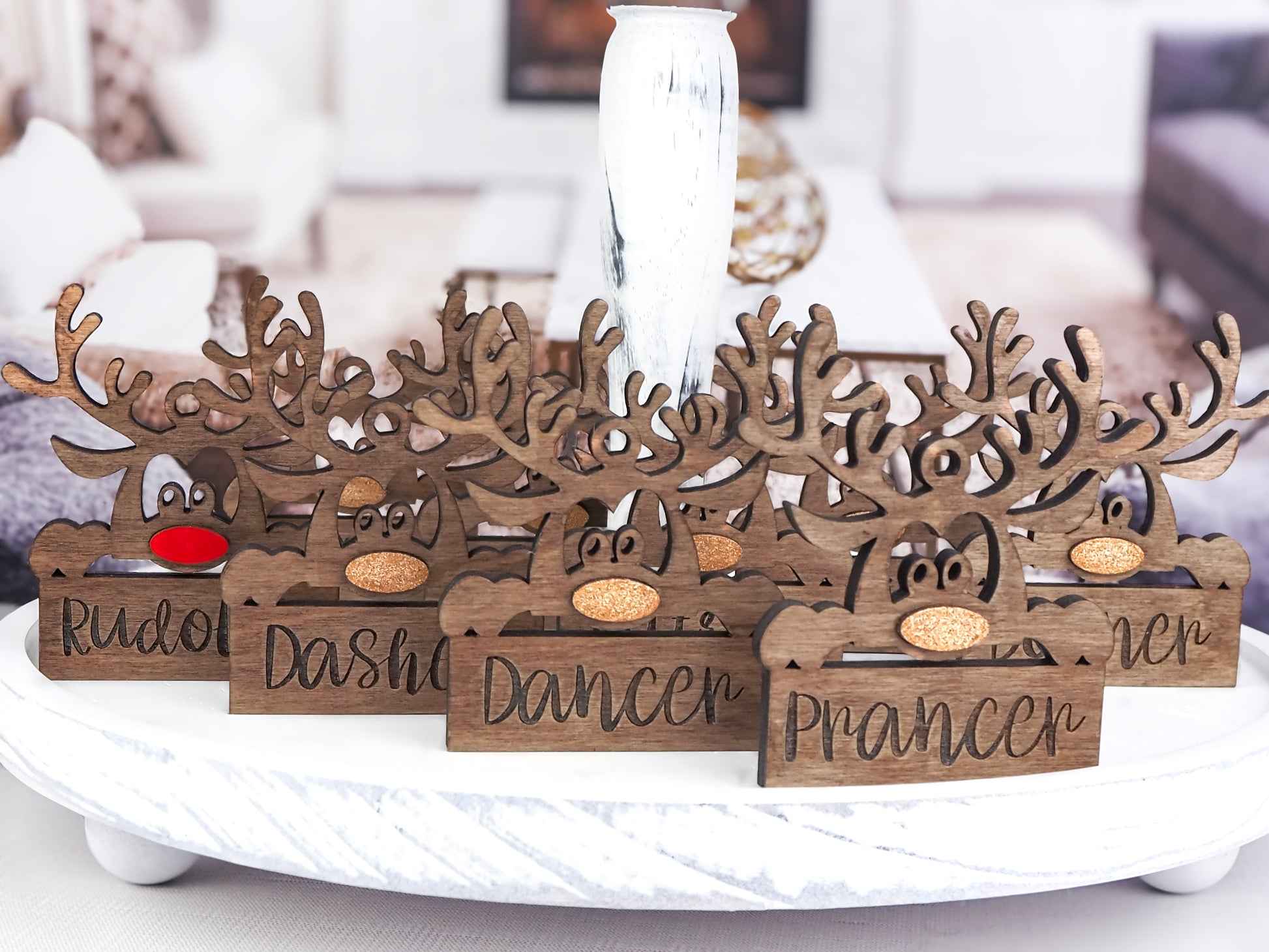 Handcrafted wooden Reindeer Name Tag Ornaments Set featuring Santa’s reindeer names and playful designs, perfect for holiday décor and gift-giving.