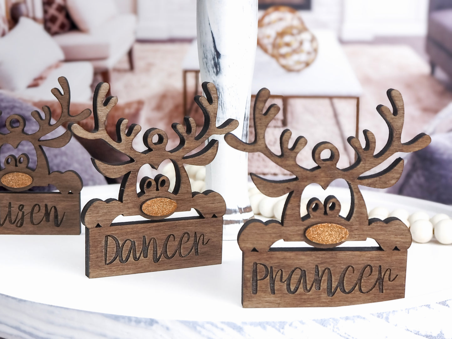 Handcrafted wooden Reindeer Name Tag Ornaments Set featuring Santa’s reindeer names and playful designs, perfect for holiday décor and gift-giving.