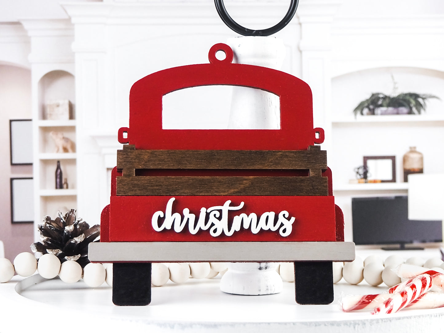 Handcrafted wooden Christmas Truck gift card ornament featuring a vintage truck with "Christmas" written on it, and a slot for holding a gift card, perfect for holiday décor and gift-giving.