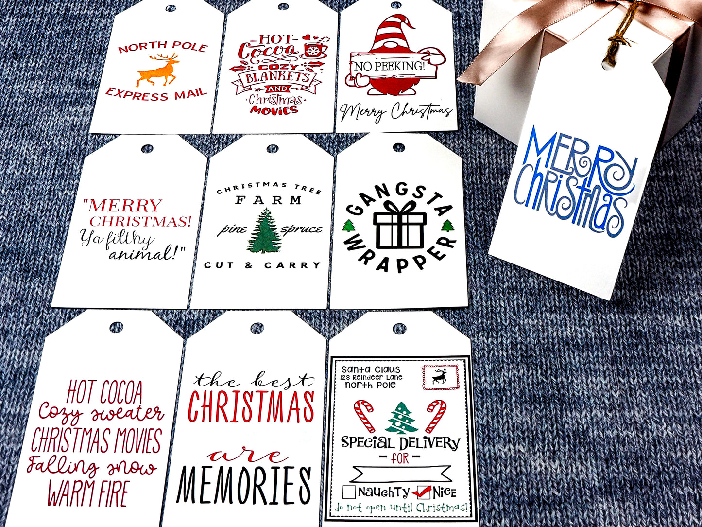 A set of all 10 white rectangular Christmas gift tags with various designs and messages. The designs include phrases like North Pole Express Mail with a reindeer, Hot Cocoa Cozy Blankets and Christmas Movies, No Peeking Merry Christmas with a gnome, Merry Christmas Ya Filthy Animal!, Christmas Tree Farm Pine Spruce Cut & Carry, Gangsta Wrapper with a gift box, and other festive sayings.