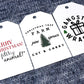 Three white rectangular Christmas gift tags. The first tag reads Merry Christmas Ya Filthy Animal! in red and black text. The second tag features a Christmas Tree Farm Pine Spruce Cut & Carry design with a tree. The third tag displays the phrase Gangsta Wrapper with a gift box and 2 small tree accents.