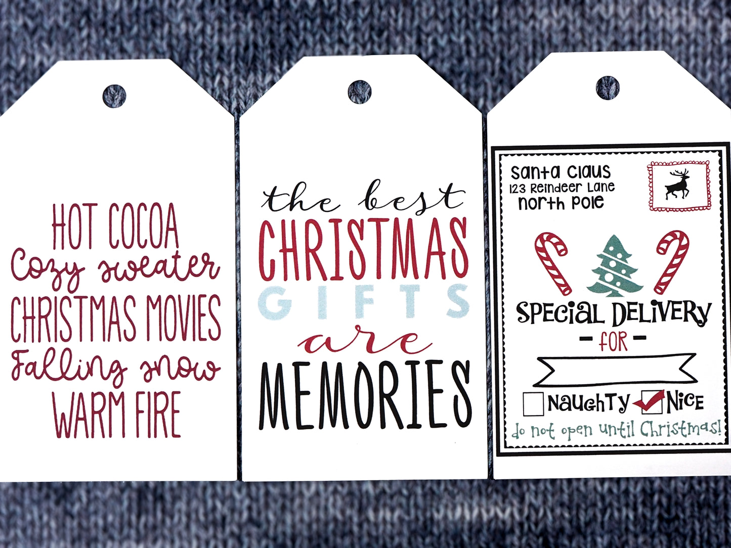 Three white rectangular Christmas gift tags. The first tag features the words Hot Cocoa, Cozy Sweater, Christmas Movies, Falling Snow, Warm Fire in red text. The second tag reads The Best Christmas Gifts Are Memories in a mix of red, black, and blue fonts. The third tag is designed like a special delivery notice from Santa Claus, with the text Special Delivery For and checkboxes labeled Naughty and Nice, along with candy cane and a Christmas tree.