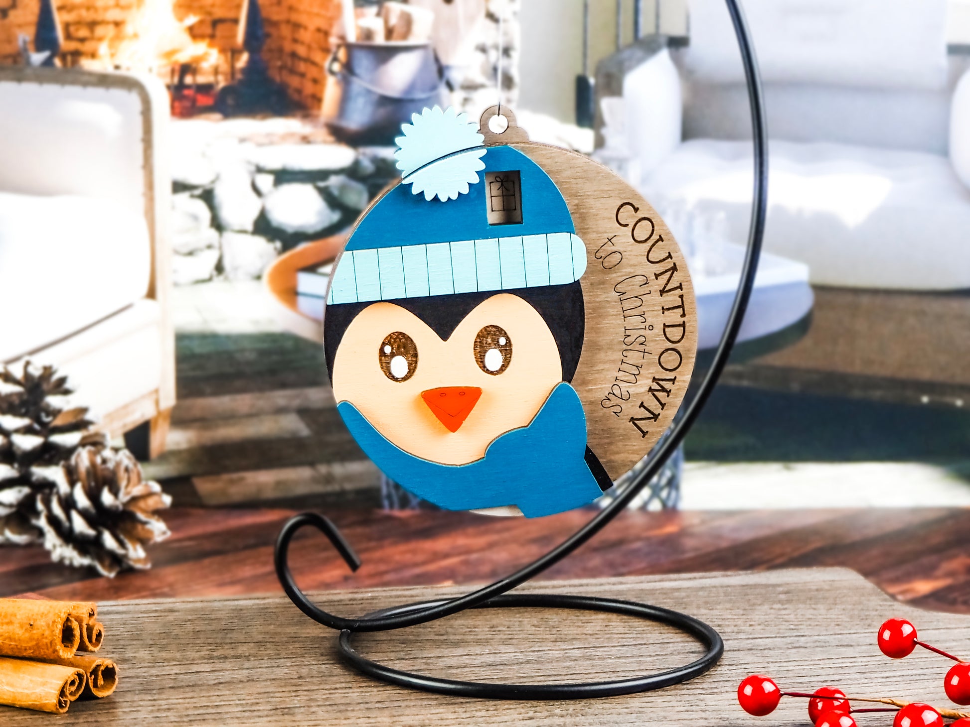 Handcrafted wooden Penguin Countdown to Christmas ornament featuring an adorable penguin with a winter hat and scarf, perfect for holiday décor and adding excitement to the Christmas season.