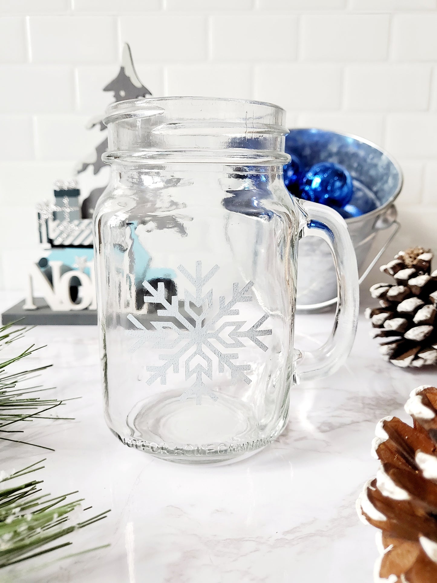 Snowflake Mason Jar Mugs