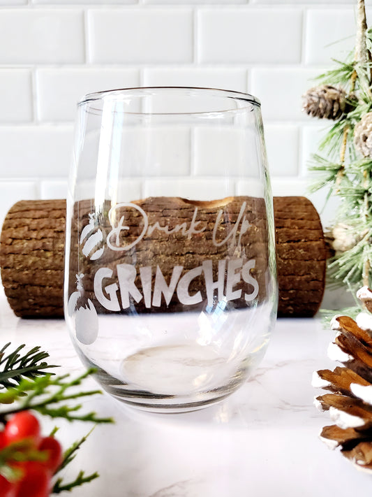 Drink Up Grinches Stemless Wine Glass