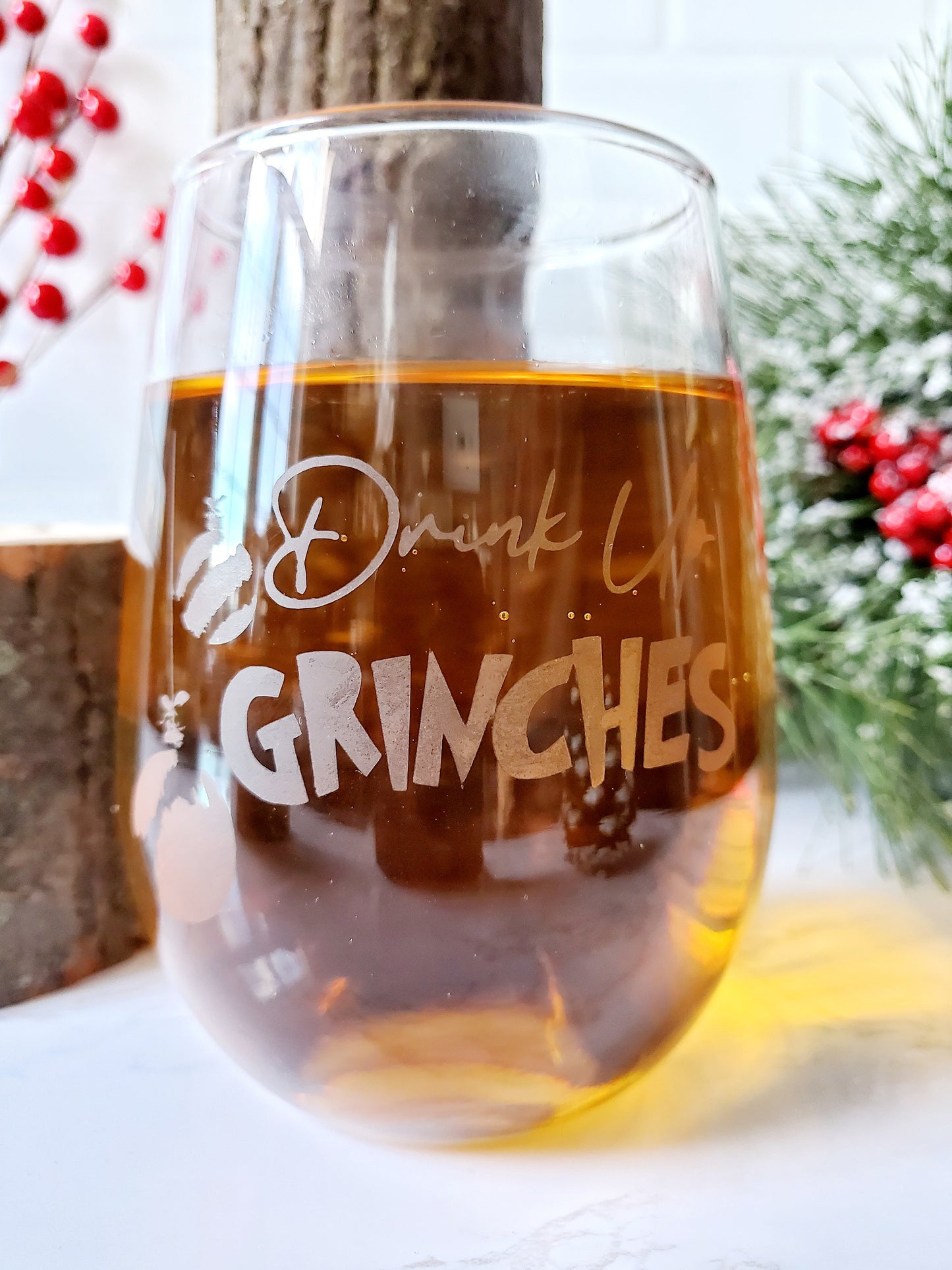 Drink Up Grinches Stemless Wine Glass