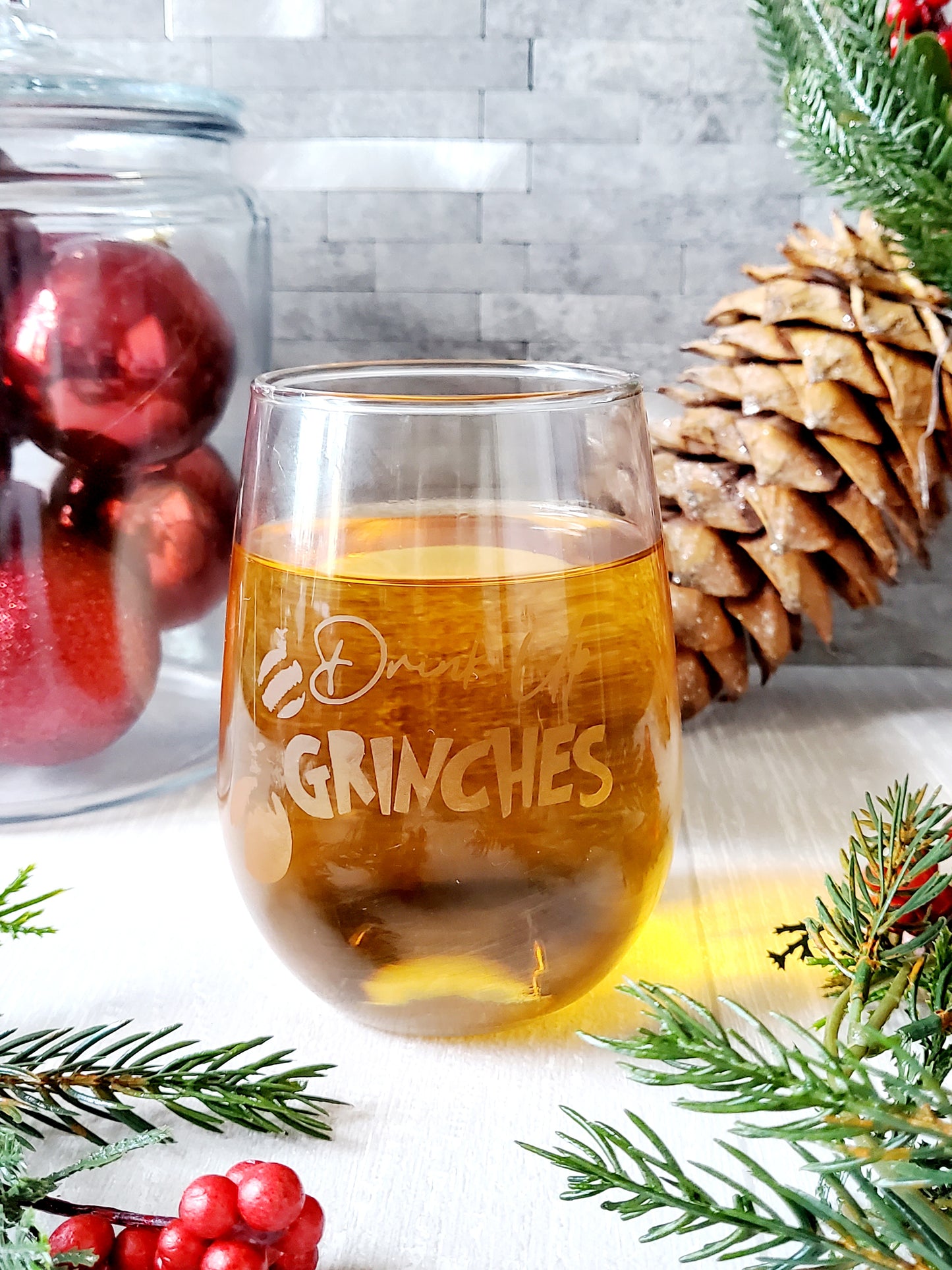 Drink Up Grinches Stemless Wine Glass