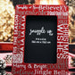 Deep red 4-inch by 6-inch picture frame. In silver and white writing, words are displayed on the frame; Santa & Me, Merry & Bright, Jingle Bells and a few more Christmas phrases. Handmade by Snuggle Up Co